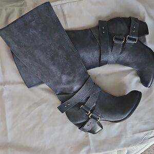 Fergie Charcoal Heeled Boots with Buckle Detail